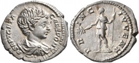 Geta, as Caesar, 198-209. Denarius (Silver, 20 mm, 3.32 g, 7 h), Rome, 200-202. P SEPT GETA CAES PONT Bare-headed, draped and cuirassed bust of Geta t...