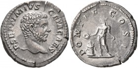 Geta, 209-211. Denarius (Silver, 19 mm, 3.00 g, 7 h), Rome, early 209. P SEPTIMIVS GETA CAES Bare head of Geta to right. Rev. PONTIF COS II Genius sta...