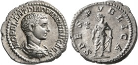 Diadumenian, as Caesar, 217-218. Denarius (Silver, 20 mm, 3.28 g, 7 h), Rome, March-June 218. M OPEL ANT DIADVMENIAN CAES Bare-headed, draped and cuir...