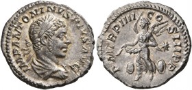 Elagabalus, 218-222. Denarius (Silver, 20 mm, 3.51 g, 11 h), Rome, 221. IMP ANTONINVS PIVS AVG Laureate and draped bust of Elagabalus to right, seen f...