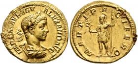 Severus Alexander, 222-235. Aureus (Gold, 21 mm, 6.14 g, 12 h), Rome, 222. IMP C M AVR SEV ALEXAND AVG Laureate, draped and cuirassed bust of Severus ...