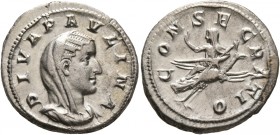 Diva Paulina, died before 235. Denarius (Silver, 21 mm, 3.70 g, 7 h), Rome. DIVA PAVLINA Veiled and draped bust of Diva Paulina to right. Rev. CONSECR...