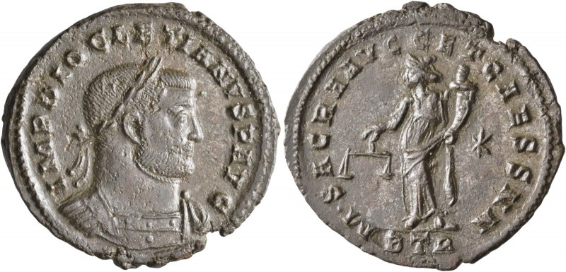 Diocletian, 284-305. Follis (Silvered bronze, 30 mm, 8.26 g, 6 h), Treveri, circ...