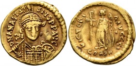 Anastasius I, 491-518. Solidus (Gold, 20 mm, 4.44 g, 7 h), Constantinopolis, 491-498. D N ANASTASIVS P P AVG Pearl-diademed, helmeted and cuirassed bu...
