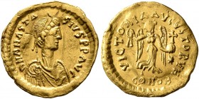 Anastasius I, 491-518. Tremissis (Gold, 15 mm, 1.39 g, 6 h), Constantinopolis. D N ANASTASIVS P P AVG Pearl-diademed, draped and cuirassed bust of Ana...