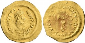 Justin I, 518-527. Tremissis (Gold, 16 mm, 1.50 g, 7 h), Constantinopolis. D N IVSTINVS P P AVI Diademed, draped and cuirassed bust of Justin I to rig...