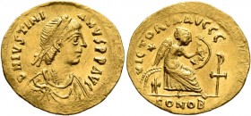 Justinian I, 527-565. Semissis (Gold, 19 mm, 2.21 g, 7 h), Constantinopolis. D N IVSTINIANVS P P AVG Pearl-diademed, draped and cuirassed bust of Just...