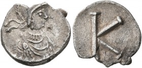 Anonymous, time of Justinian I, circa 530. Half Siliqua (Silver, 12 mm, 0.90 g, 6 h), Constantinopolis. Helmeted and draped bust of Constantinopolis t...