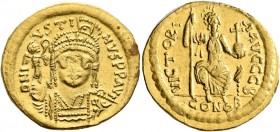Justin II, 565-578. Solidus (Gold, 20 mm, 4.46 g, 6 h), Constantinopolis, 566/7-578. D N IVSTINVS P P AVI Helmeted and cuirassed bust of Justin II fac...