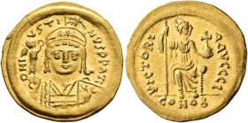 Justin II, 565-578. Solidus (Gold, 20 mm, 4.46 g, 5 h), Constantinopolis, 566/7-578. D N IVSTINVS P P AVI Helmeted and cuirassed bust of Justin II fac...