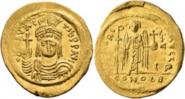 Maurice Tiberius, 582-602. Solidus (Gold, 23 mm, 4.43 g, 7 h), Constantinopolis, 583-601. O N mAVRC TIb P P AVI Draped and cuirassed bust of Maurice T...