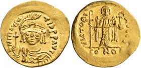 Maurice Tiberius, 582-602. Solidus (Gold, 22 mm, 4.52 g, 7 h), Constantinopolis, 583-601. D N mAVRC TIb P P AVI Draped and cuirassed bust of Maurice T...