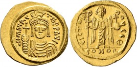 Maurice Tiberius, 582-602. Solidus (Gold, 21 mm, 4.46 g, 7 h), Constantinopolis, 583-601. o N mAVRC TIb P P AVI Draped and cuirassed bust of Maurice T...