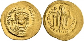 Maurice Tiberius, 582-602. Solidus (Gold, 22 mm, 4.44 g, 6 h), Constantinopolis, 583-601. O N mAVRC TIb P P AVI Draped and cuirassed bust of Maurice T...