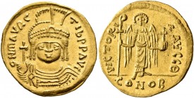 Maurice Tiberius, 582-602. Solidus (Gold, 22 mm, 4.40 g, 6 h), Theoupolis (Antiochia). O N mAVRC TIb P P AVG Draped and cuirassed bust of Maurice Tibe...