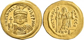 Maurice Tiberius, 582-602. Solidus (Gold, 22 mm, 4.35 g, 7 h), Theoupolis (Antiochia). O N mAVRC TIb P P AVG Draped and cuirassed bust of Maurice Tibe...