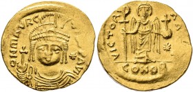 Maurice Tiberius, 582-602. Light weight Solidus of 23 Siliquae (Gold, 22 mm, 4.28 g, 7 h), Theoupolis (Antiochia). O N mAVRC TIb P P AVI Draped and cu...