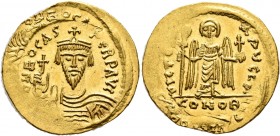 Phocas, 602-610. Solidus (Gold, 23 mm, 4.46 g, 7 h), Constantinopolis, 603-607. o N FOCAS PЄRP AVG Draped and cuirassed bust of Phocas facing, wearing...