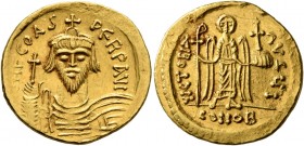 Phocas, 602-610. Solidus (Gold, 20 mm, 4.35 g, 6 h), Constantinopolis, 607-610. δ N FOCAS PERP AVI Draped and cuirassed bust of Phocas facing, wearing...