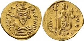 Phocas, 602-610. Solidus (Gold, 20 mm, 4.42 g, 7 h), Constantinopolis, 607-610. δ N FOCAS PERP AVI Draped and cuirassed bust of Phocas facing, wearing...
