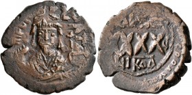 Phocas, 602-610. Follis (Bronze, 30 mm, 12.99 g, 8 h), Nicomedia, RY 5 = AD 606/7. δ m FOC[A PЄR AV] Crowned bust of Phocas facing, wearing consular r...
