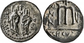 Phocas, 602-610. Follis (Bronze, 28 mm, 5.48 g, 6 h), a contemporary imitation of a Phocas and Leontia Follis from Antiochia. Likely struck right befo...