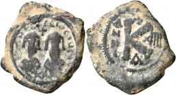 Revolt of the Heraclii, 608-610. Half Follis (Bronze, 24 mm, 5.87 g, 1 h), Alexandria, 609-610. δmn ЄRACLIO CONSULII Busts of Heraclius the Younger an...