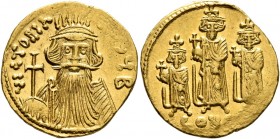 Constans II, with Constantine IV, Heraclius, and Tiberius, 641-668. Solidus (Gold, 20 mm, 4.38 g, 7 h), Constantinopolis, circe 663-668. VICTORIA AVζЧ...