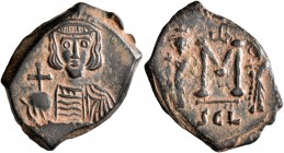 Constantine IV Pogonatus, 668-685. Follis (Bronze, 22 mm, 3.45 g, 6 h), Syracuse, 668-674. Helmeted and draped bust of Constantine IV facing, holding ...