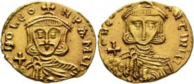 Leo III the "Isaurian", with Constantine V, 717-741. Solidus (Gold, 20 mm, 3.92 g, 6 h), Syracuse, circa 735-741. NO LEON P A MЧL Crowned bust of Leo ...