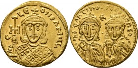 Constantine V Copronymus, with Leo IV, 741-775. Solidus (Gold, 20 mm, 4.45 g, 6 h), Constantinopolis, circa 751-757. COҺSTAҺTIҺOS S LЄOҺ O ҺЄOS Crowne...