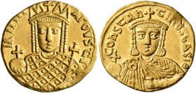 Constantine VI & Irene, 780-797. Solidus (Gold, 19 mm, 4.39 g, 7 h), Constantinopolis, 792-797. IRInH AΓOVSTI Facing bust of Irene, wearing loros and ...