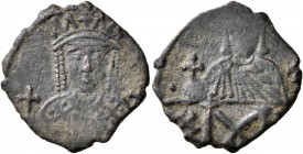 Constantine VI & Irene, 780-797. Follis (Bronze, 18 mm, 1.75 g, 6 h), Constantinopolis, 792-797. Crowned facing bust of Irene, wearing loros, holding ...