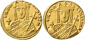 Irene, 797-802. Solidus (Gold, 20 mm, 4.40 g, 6 h), Constantinopolis. ЄIRIҺH bASILISSH Crowned bust of Irene facing, wearing loros, holding globus cru...