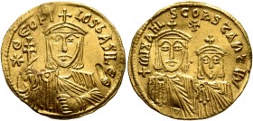 Theophilus, with Constantine and Michael II. Solidus (Gold, 21 mm, 4.37 g, 7 h), Constantinopolis, 830/1-840. ✱ΘЄOFILOS bASILЄ Θ Facing bust of Theoph...