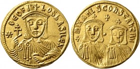 Theophilus, with Constantine and Michael II, 829-842. Solidus (Gold, 21 mm, 4.44 g, 6 h), Constantinopolis, 830/1-840. ✱ΘЄOFILOS bASILЄ X Facing bust ...