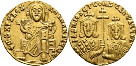 Basil I the Macedonian, with Constantine, 867-886. Solidus (Gold, 19 mm, 4.35 g, 7 h), Constantinopolis, 868-879. +IhS XPS RЄX RЄςNANTIЧM✱ Christ, nim...
