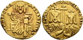 Basil I the Macedonian, with Constantine, 867-886. Solidus (Gold, 19 mm, 4.37 g, 7 h), Constantinopolis, 868-879. +IhS XPS RЄX RЄςNANTIЧM✱ Christ, nim...
