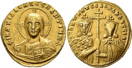 Constantine VII Porphyrogenitus, with Romanus II, 913-959. Solidus (Gold, 21 mm, 4.40 g, 6 h), Constantinopolis, 945-959. +IҺS XPS RЄX RЄGNANTIЧm(pell...
