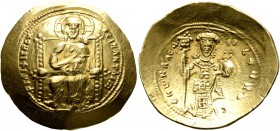 Constantine X Ducas, 1059-1067. Histamenon (Gold, 26 mm, 4.43 g, 7 h), Constantinopolis. +IhS XIS RЄX RЄςNANTҺIm Christ, nimbate, seated facing on squ...