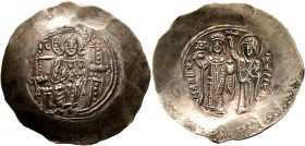 Manuel I Comnenus, 1143-1180. Aspron Trachy (Electrum, 33 mm, 4.05 g, 6 h), Constantinopolis, circa 1167-1180. Christ seated facing on throne with bac...
