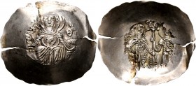 Manuel I Comnenus, 1143-1180. Aspron Trachy (Electrum, 29 mm, 1.76 g, 6 h), Constantinopolis, circa 1160-1167. The Virgin enthroned facing, nimbate an...