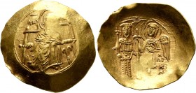 Isaac II Angelus, first reign, 1185-1195. Hyperpyron (Gold, 28 mm, 4.35 g, 7 h), Constantinopolis. The Virgin, nimbate, seated facing on throne, weari...