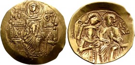 Michael VIII Palaeologus, 1261-1282. Hyperpyron (Gold, 24 mm, 4.16 g, 7 h), Constantinopolis. The Virgin, nimbate, seated facing on throne with diaper...