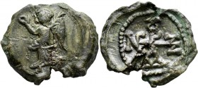 Alexandros, 550-650. Seal (Lead, 26 mm, 9.89 g). Nike advancing left, holding wreath in her right hand and palm frond over her left shoulder. Rev. Cru...