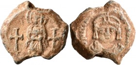 Maurice Tiberius, 582-602. Seal (Lead, 21 mm, 9.58 g, 12 h). The Virgin standing facing, holding Christ before her; to left and right, small, thick cr...