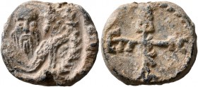 Epiphanios II, archbishop of Cyprus, circa 680 onwards. Seal (Lead, 20 mm, 8.61 g, 12 h). Facing bust of Saint Epiphanios, nimbate, holding book of Go...