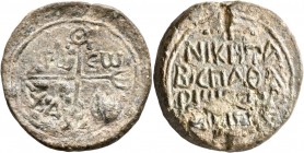Niketas, imperial spatharios and strategos, 8th century. Seal (Lead, 37 mm, 30.00 g, 12 h). Large cruciform monogram of ΘЄOTOKЄ BOЄΘЄI; in quadrants, ...