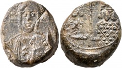Peter I, Tsar of Bulgaria, and Maria Lakapene, 927-969. Seal (Lead, 19 mm, 13.41 g, 11 h). Bust of Christ facing, large cross behind his head, raising...
