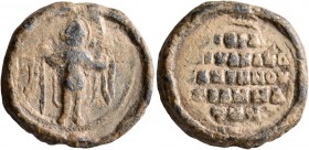 Michael Karantenos, circa 1050-1100. Seal (Lead, 22 mm, 9.74 g, 12 h). St. Michael, nimbate, standing facing, holding scepter in his right hand and gl...